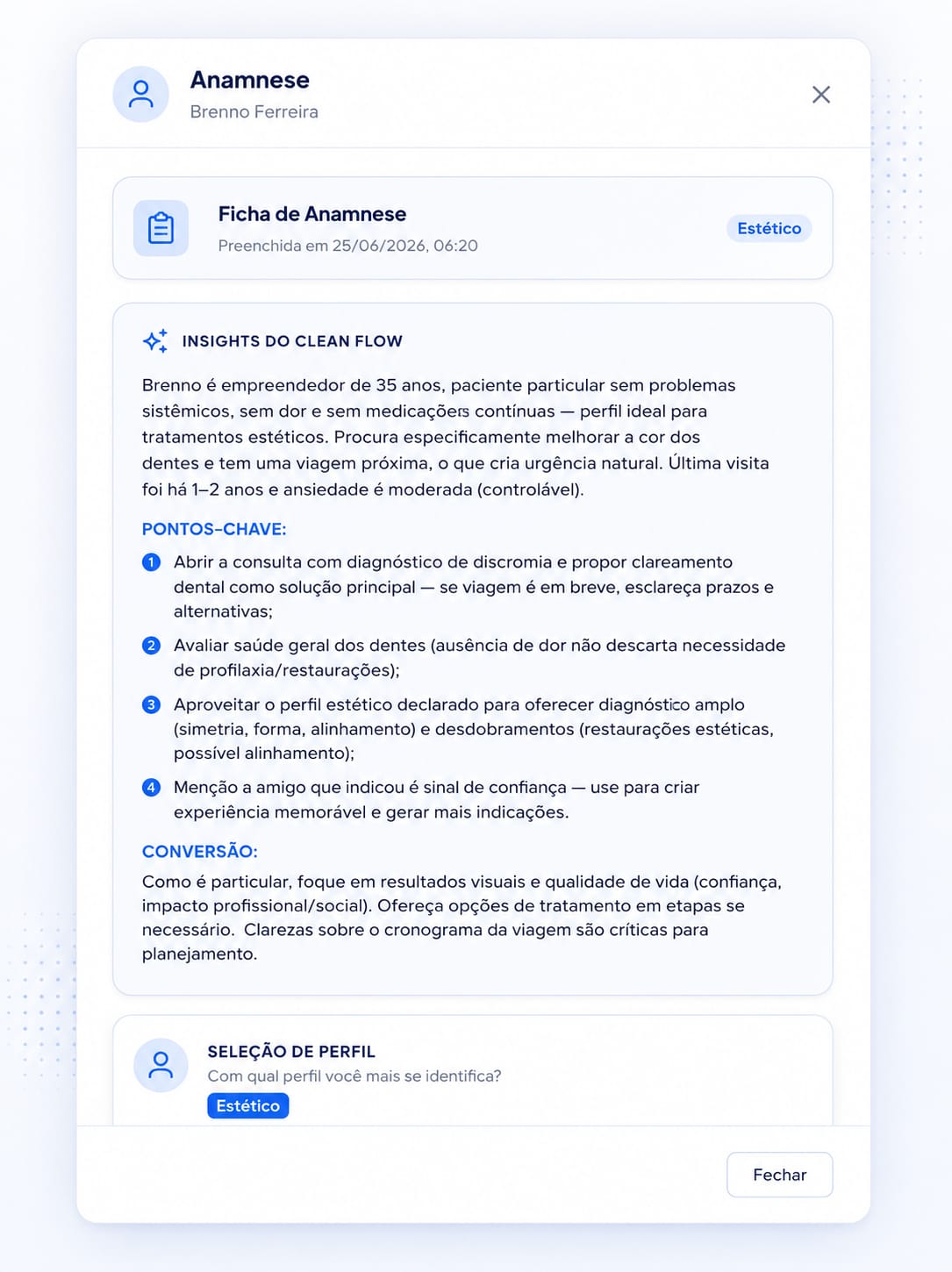 Modal de Anamnese do Clean Flow